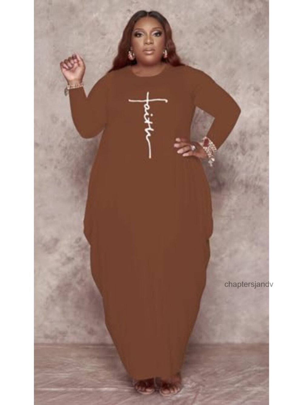 Women's Plus Size Maxi T-Shirt Dress Faith Print Long Sleeve Casual - Picture 4 of 5